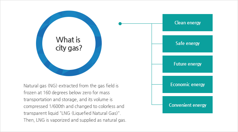 What is city gas? Natural gas (NG) extracted from the gas field is frozen at 162 degrees below zero for mass transportation and storage; its volume is compressed to 1/600th and changed to colorless and transparent liquid called LNG (Liquefied Natural Gas), which is then vaporized and supplied as natural gas.