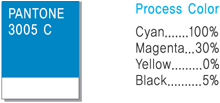 PANTONE 3005C Process Color Cyan 100%, Magenta 30%, Yellow 0%, Black 5%